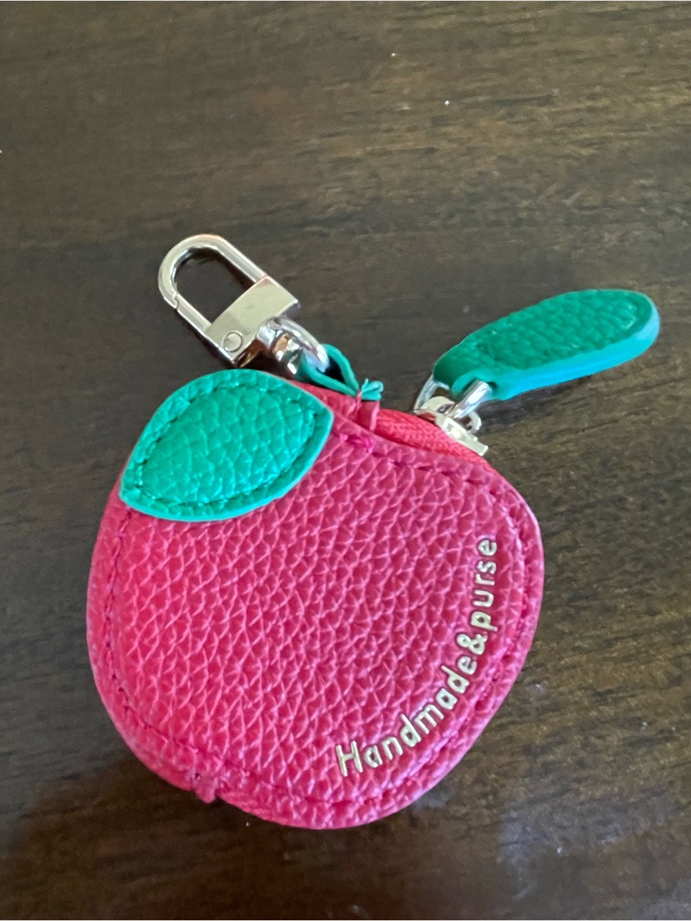 Handmade & Purse Pink Leather Apple Keychain with Teal Leaf